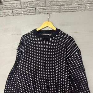 Claiborne Mens Navy White Cotton Birds Eye Knit Crewneck Sweater Made in Ireland